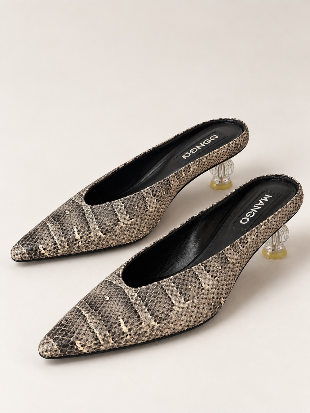 MANGO Snakeskin Print Pointed Toe Mules EU 41 Sculptural Kitten Heel